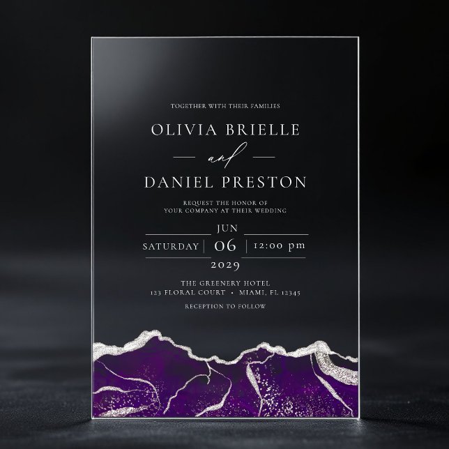 Purple Silver Agate Elegant Modern Wedding Acrylic Invitations (Creator Uploaded)