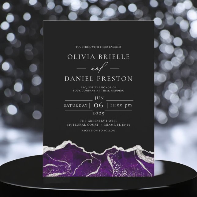 Purple Silver Agate Elegant Modern Wedding Invitation (Creator Uploaded)