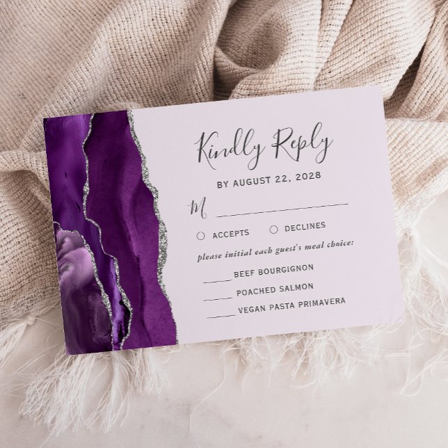 Purple Silver Agate Lavender Meal Options Wedding RSVP Card (Creator Uploaded)