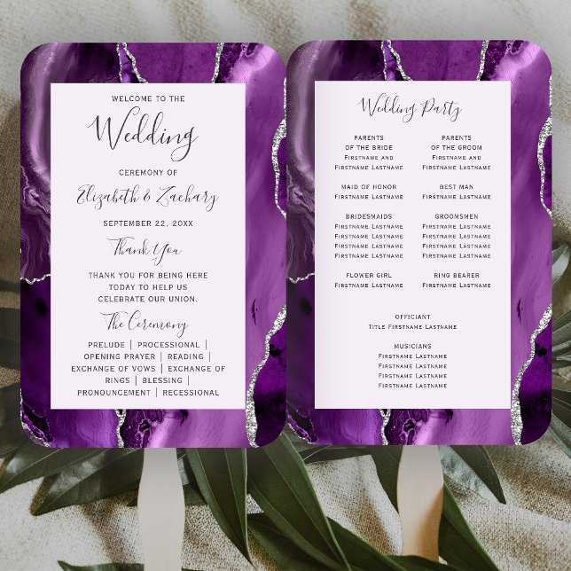 Purple Silver Agate Lavender Wedding Program Hand Fan (Creator Uploaded)