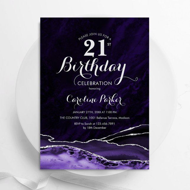Purple Silver Agate Marble 21st Birthday Invitation (Creator Uploaded)