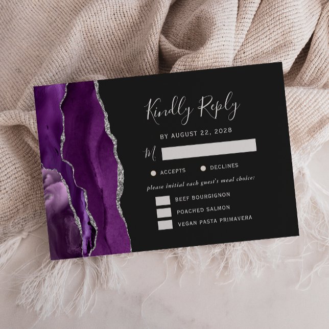Purple Silver Agate Meal Options Dark Wedding RSVP Card (Creator Uploaded)