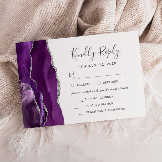 Purple Silver Agate Meal Options Wedding RSVP Card (Creator Uploaded)