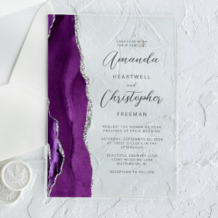 Purple Silver Agate Modern Script Wedding Acrylic Invitations