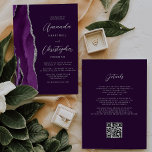 Purple Silver Agate Plum QR Code Wedding Invitation<br><div class="desc">The left-hand edge of this elegant modern wedding invitation features a purple watercolor agate border trimmed with faux silver glitter. The customisable text combines silver grey script and sans serif fonts on a plum background. The reverse side provides space for wedding details on a solid plum background, along with a...</div>