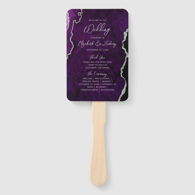 Purple Silver Agate Script Wedding Program Hand Fan (Front)