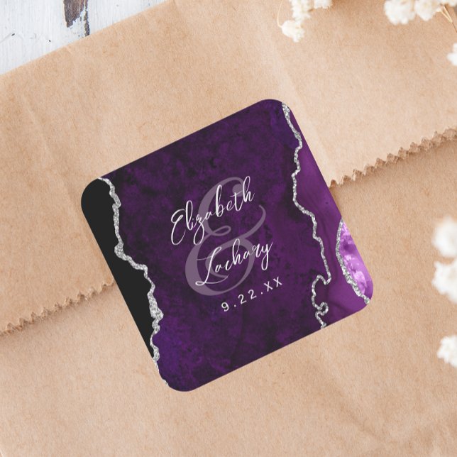 Purple Silver Agate Script Wedding Square Sticker (Creator Uploaded)