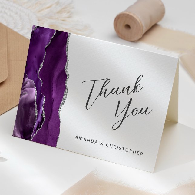 Purple Silver Agate Script Wedding Thank You Card (Creator Uploaded)