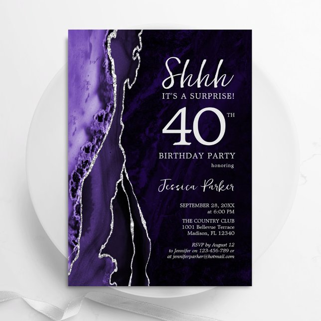 Purple Silver Agate Surprise 40th Birthday Invitation (Creator Uploaded)