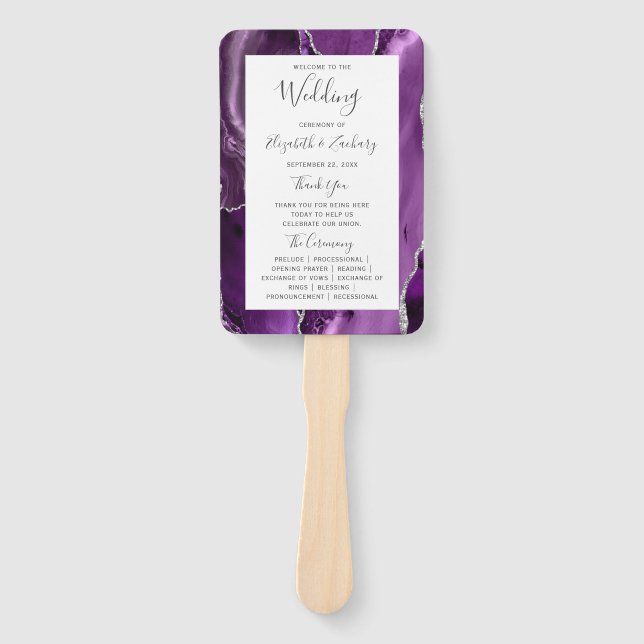 Purple Silver Agate Wedding Program Hand Fan (Front)