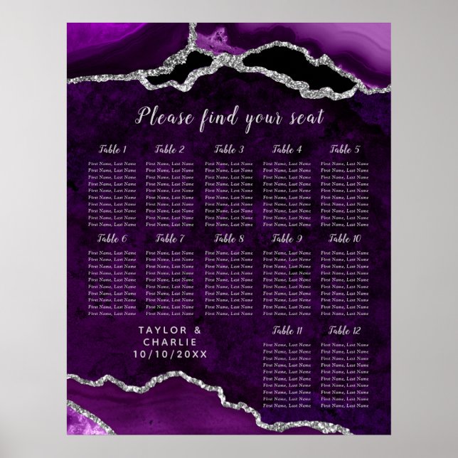Purple Silver Agate Wedding Seating Chart 12 Table (Front)