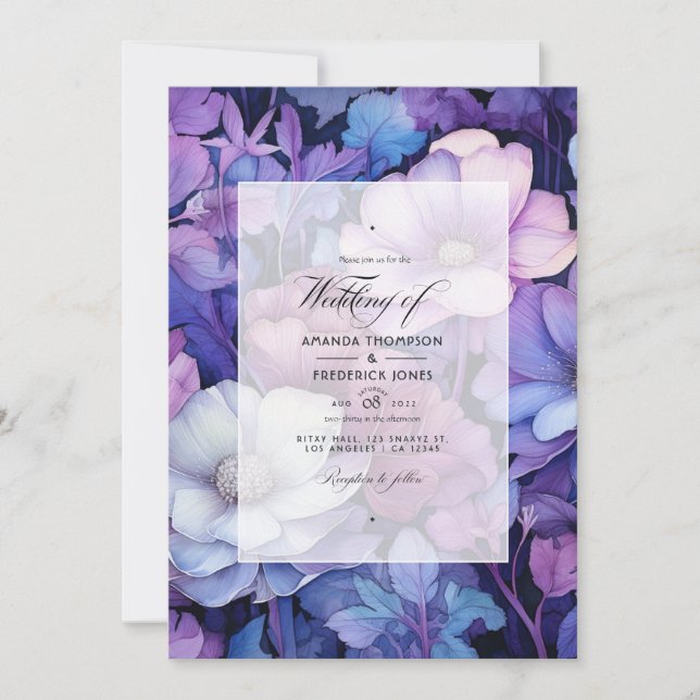 Purple, Silver and Blue Floral Wedding Invitation (Front)
