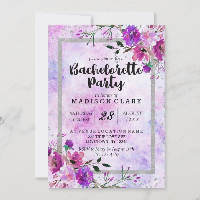 Purple & Silver Bachelorette Party Invitation (Front)