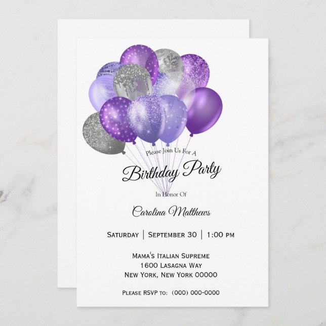 Purple Silver Balloons  Birthday Invitation (Front/Back)
