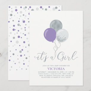 Purple & Silver Balloons It's a Girl Baby Shower Invitation