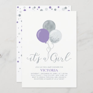 Purple & Silver Balloons   It's a Girl Baby Shower Invitation