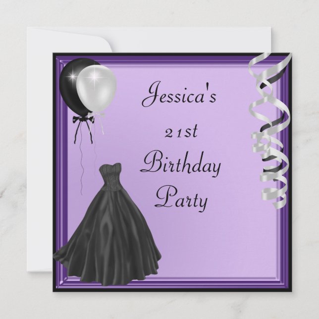 Purple Silver Black Balloons Formal 21st Birthday Invitation (Front)
