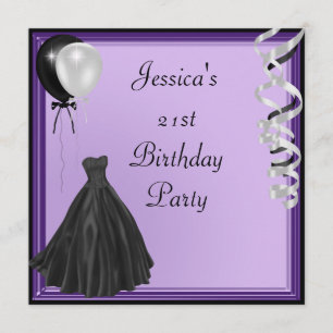 Purple Silver Black Balloons Formal 21st Birthday Invitation
