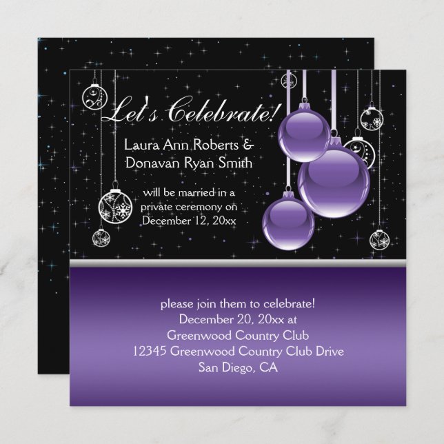 Purple Silver Black Christmas Post Wedding Invitation (Front/Back)