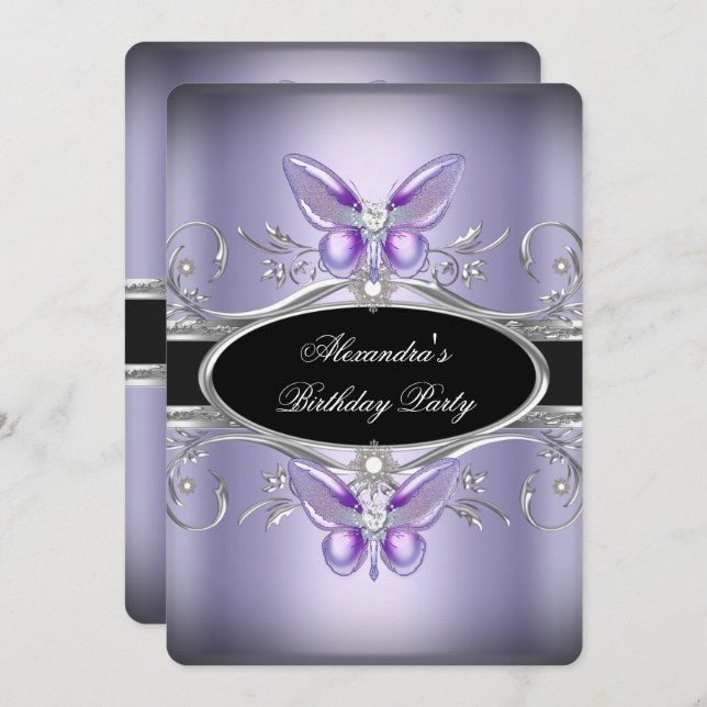 Purple Silver Black Jewel Butterfly Birthday Party Invitation (Front/Back)
