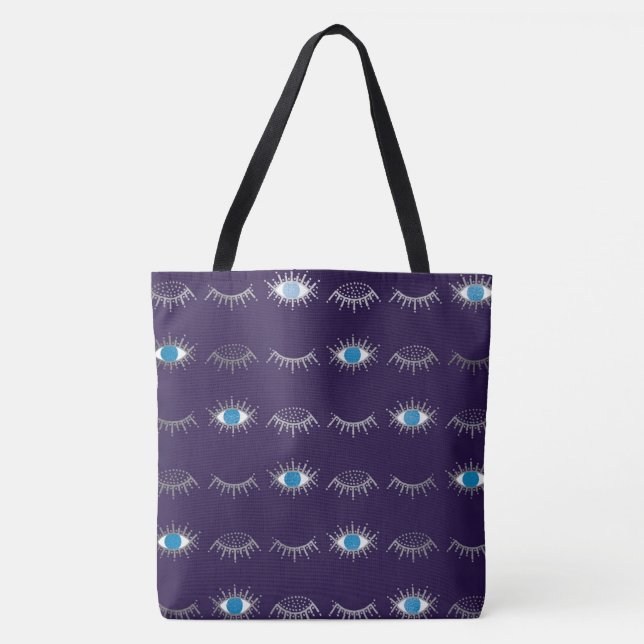 Purple & Silver Blue Evil Eye Lashes Nazar Mati  Tote Bag (Front)