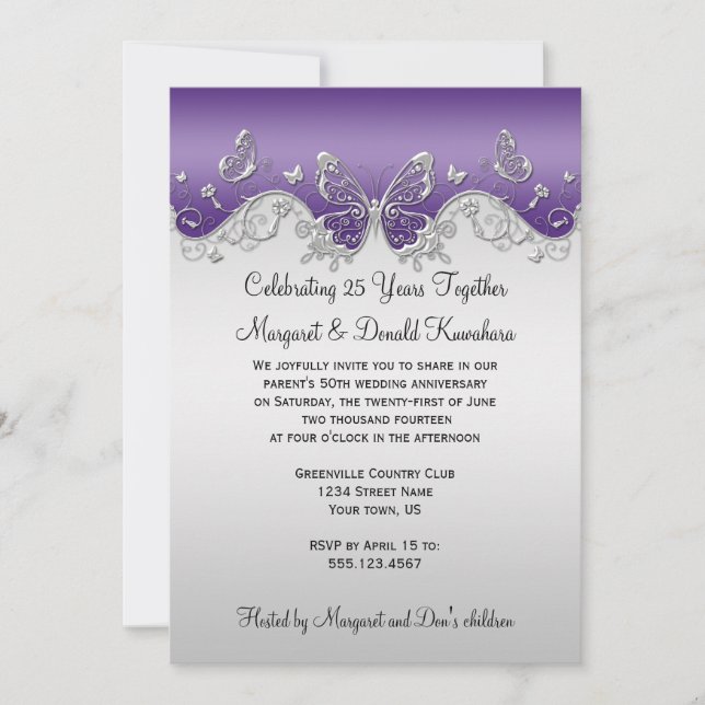 Purple Silver Butterflies 25th Anniversary Invitation (Front)