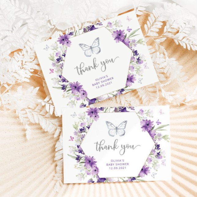 Purple silver butterfly baby shower thank you card (Creator Uploaded)