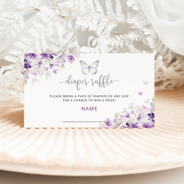 Purple silver Butterfly diaper raffle ticket Enclosure Card (Creator Uploaded)