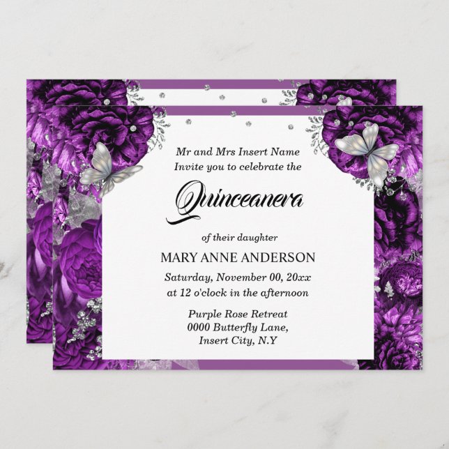 Purple silver butterfly elegant rose quinceanera  invitation (Front/Back)