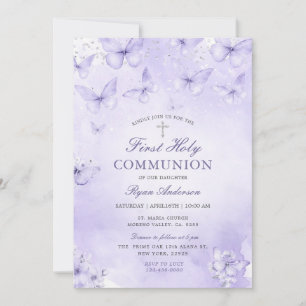 Purple Silver Butterfly First Holy Communion  Invitation