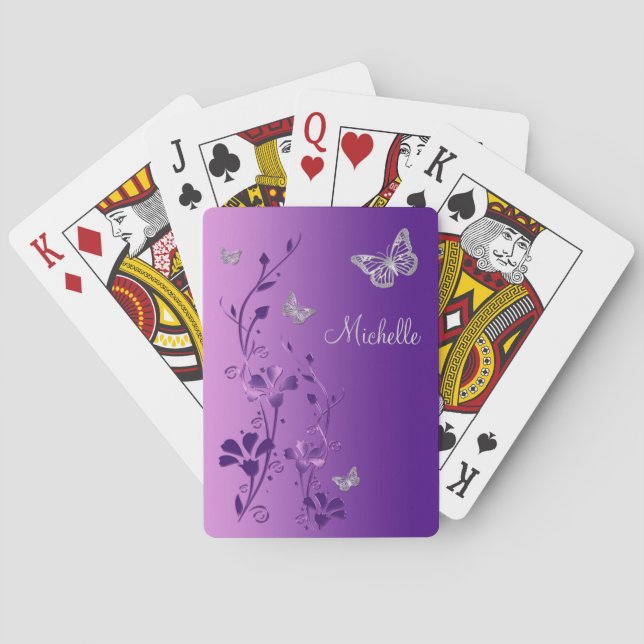 Purple, Silver Butterfly Floral Playing Cards (Back)