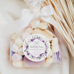 Purple silver Butterfly kisses baby shower Classic Round Sticker