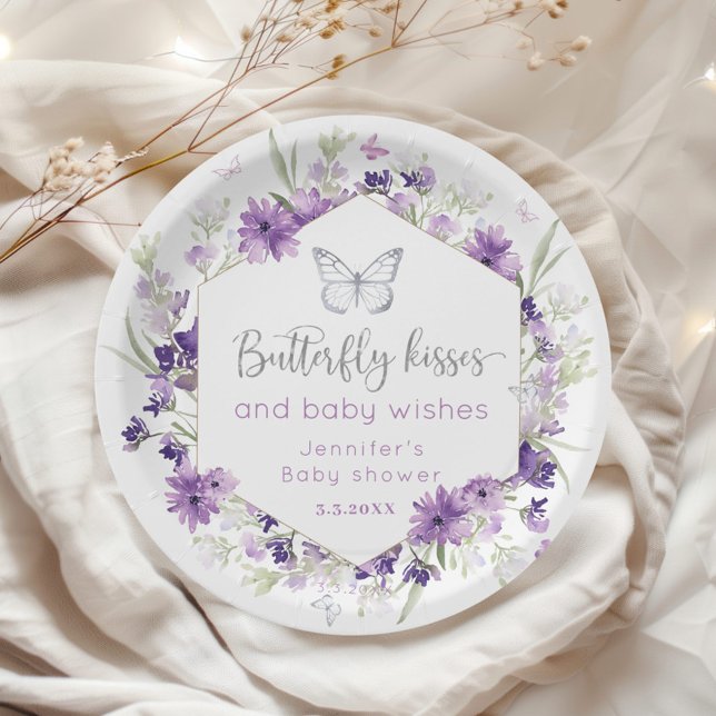 Purple silver Butterfly kisses baby shower Paper Plate (Creator Uploaded)