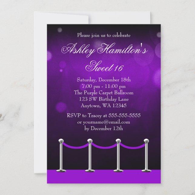 Purple Silver Carpet Hollywood Sweet 16 Birthday Invitation (Front)