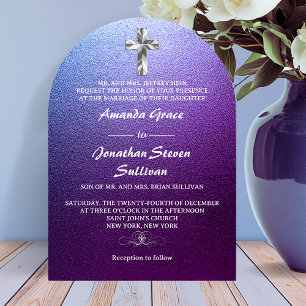 Purple Silver Christian Cross Arched Wedding Invitation