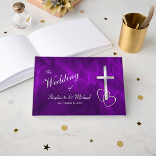 Purple Silver Christian Cross Wedding Guest Book