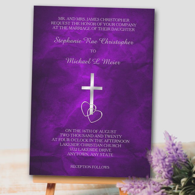 Purple Silver Christian Cross Wedding Invitation (Creator Uploaded)