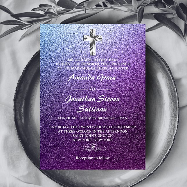 Purple Silver Christian Cross Wedding Invitation (Purple Silver Christian Cross Wedding Invitation)