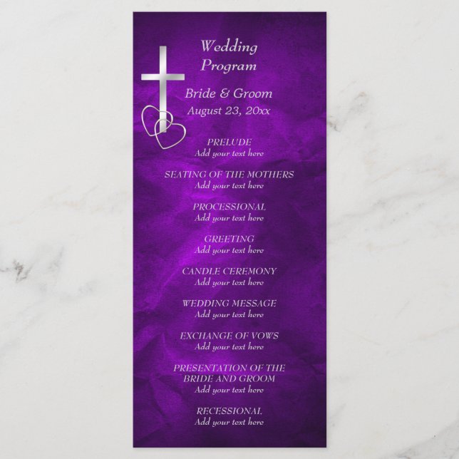 Purple Silver Christian Cross Wedding Program Programme (Front)