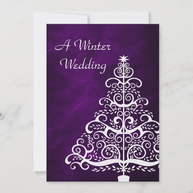 Purple Silver Christmas Tree Winter Wedding Invitation (Front)