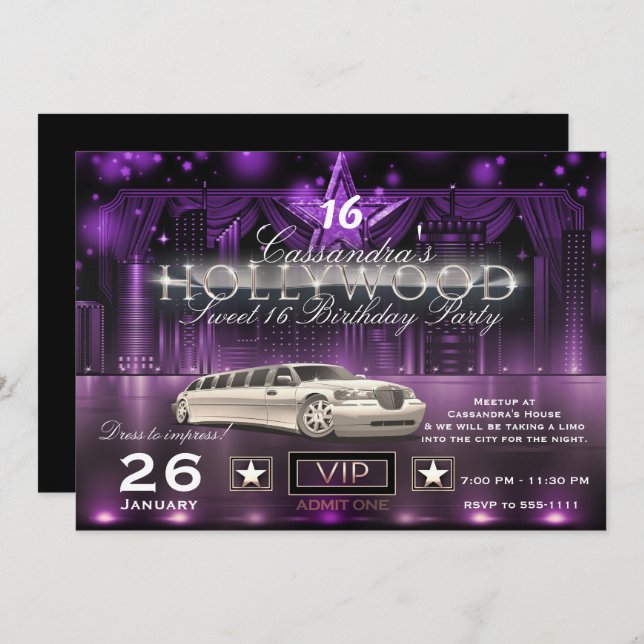 Purple & Silver City Lights Limo Hollywood Party Invitation (Front/Back)