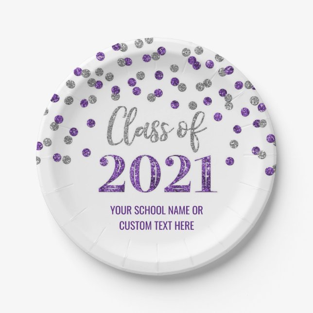 Purple Silver Confetti Graduation 2021 Paper Plate (Front)