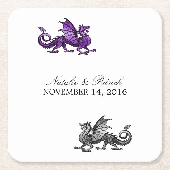 Purple Silver Dragon Wedding Paper Coasters (Front)