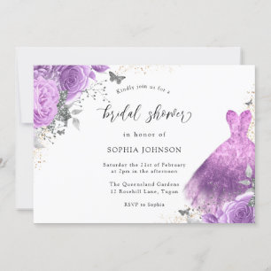Purple Silver Dress & Rose Butterfly Bridal Shower Invitation