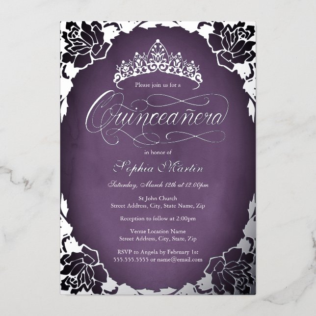 Purple Silver Elegant Script Rose Quinceanera  (Front)
