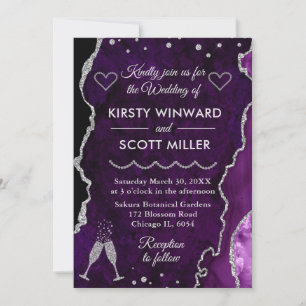 Purple & Silver Faux Glitter Agate Marble Wedding  Invitation