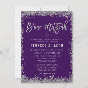 Purple Silver Faux Glitter B'nai Mitzvah Invitation