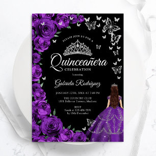 Purple Silver Floral Butterflies Quinceanera Invitation