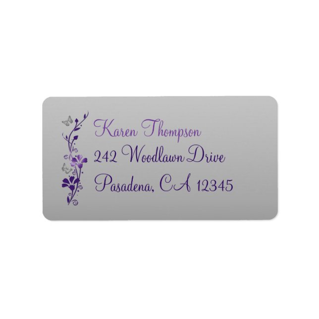 Purple, Silver Floral, Butterfly Address Label (Front)