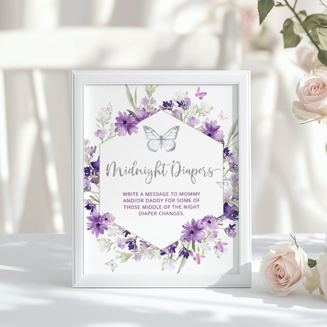Purple silver floral Butterfly Midnight diapers Po Poster (Creator Uploaded)